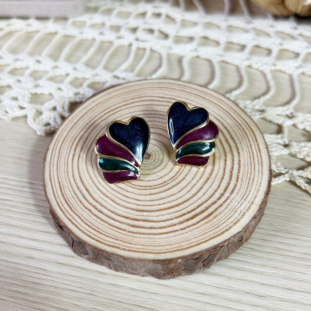 Vintage 90's Gold Tone Heart Enamel Earrings Dangle Drop Vintage Retro Jewel